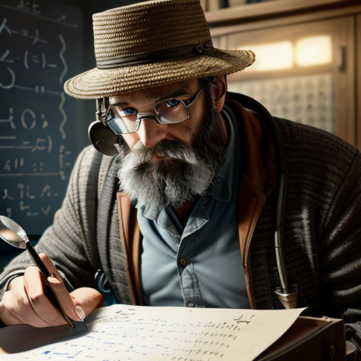 Doctor Bucket, furrowing his brow in concentration, examines a piece of paper covered in mysterious symbols and equations, his eyes reflecting a mix of curiosity and excitement as he embarks on a quest for knowledge.